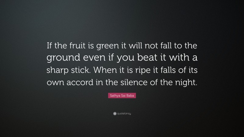 Sathya Sai Baba Quote: “If the fruit is green it will not fall to the ground even if you beat it with a sharp stick. When it is ripe it falls of its own accord in the silence of the night.”