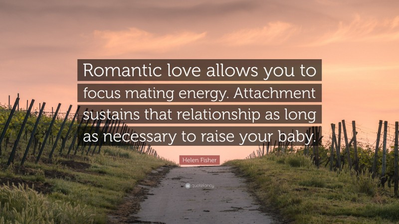 Helen Fisher Quote: “Romantic love allows you to focus mating energy. Attachment sustains that relationship as long as necessary to raise your baby.”