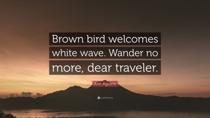 Ann Aguirre Quote: “Brown bird welcomes white wave. Wander no more, dear traveler.”