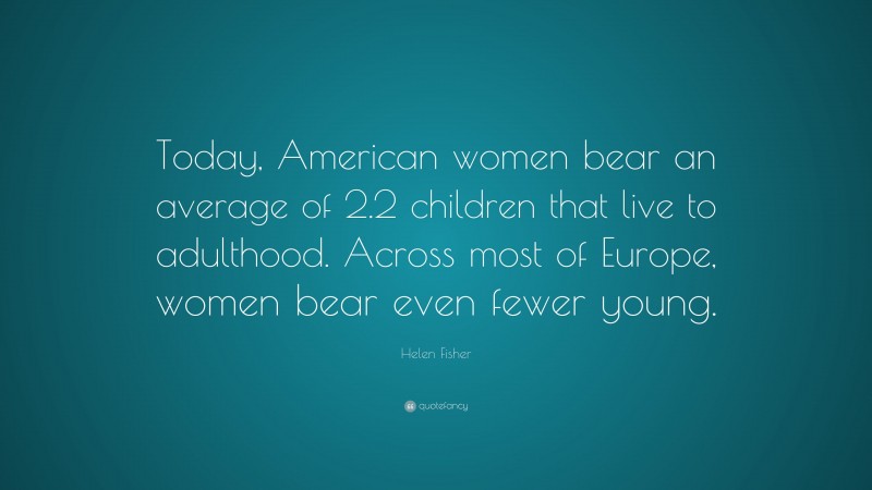 Helen Fisher Quote: “Today, American women bear an average of 2.2 children that live to adulthood. Across most of Europe, women bear even fewer young.”