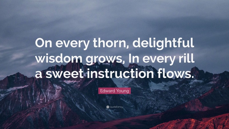 Edward Young Quote: “On every thorn, delightful wisdom grows, In every rill a sweet instruction flows.”
