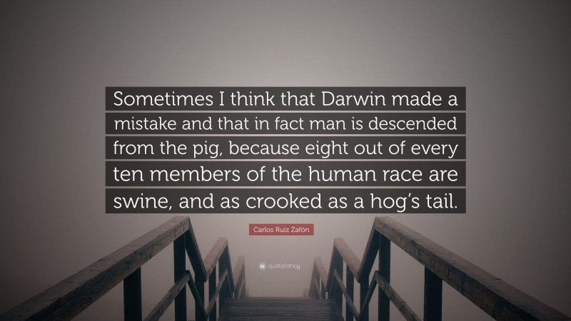 Carlos Ruiz Zafón Quote: “Sometimes I think that Darwin made a mistake and that in fact man is descended from the pig, because eight out of every ten members of the human race are swine, and as crooked as a hog’s tail.”