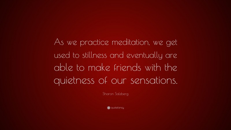 Sharon Salzberg Quote: “As we practice meditation, we get used to stillness and eventually are able to make friends with the quietness of our sensations.”