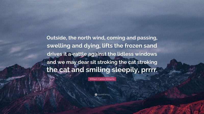 William Carlos Williams Quote: “Outside, the north wind, coming and passing, swelling and dying, lifts the frozen sand drives it a-rattle against the lidless windows and we may dear sit stroking the cat stroking the cat and smiling sleepily, prrrr.”