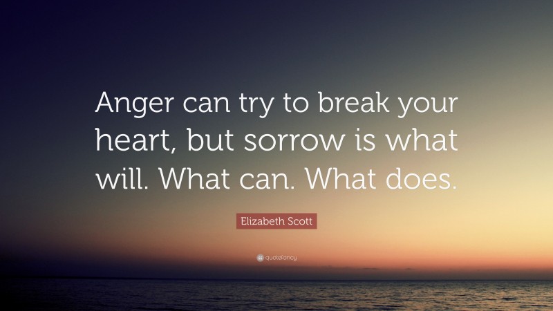 Elizabeth Scott Quote: “Anger can try to break your heart, but sorrow is what will. What can. What does.”