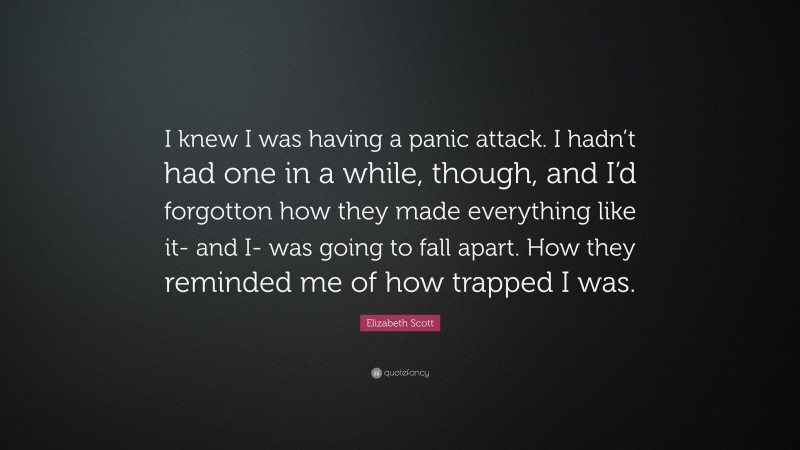 Elizabeth Scott Quote: “I knew I was having a panic attack. I hadn’t had one in a while, though, and I’d forgotton how they made everything like it- and I- was going to fall apart. How they reminded me of how trapped I was.”