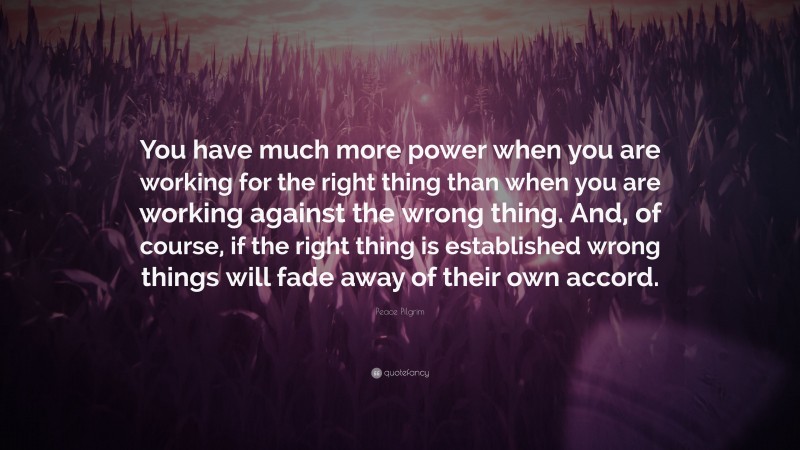 Peace Pilgrim Quote: “You have much more power when you are working for the right thing than when you are working against the wrong thing. And, of course, if the right thing is established wrong things will fade away of their own accord.”