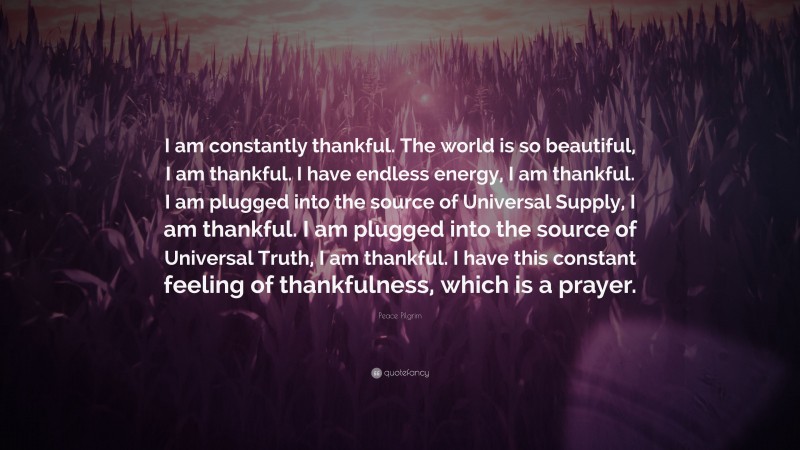 Peace Pilgrim Quote: “I am constantly thankful. The world is so beautiful, I am thankful. I have endless energy, I am thankful. I am plugged into the source of Universal Supply, I am thankful. I am plugged into the source of Universal Truth, I am thankful. I have this constant feeling of thankfulness, which is a prayer.”