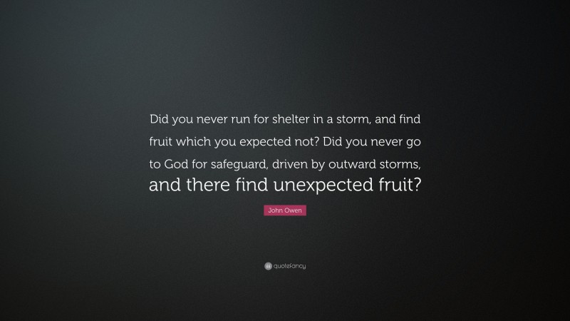 John Owen Quote: “Did you never run for shelter in a storm, and find fruit which you expected not? Did you never go to God for safeguard, driven by outward storms, and there find unexpected fruit?”