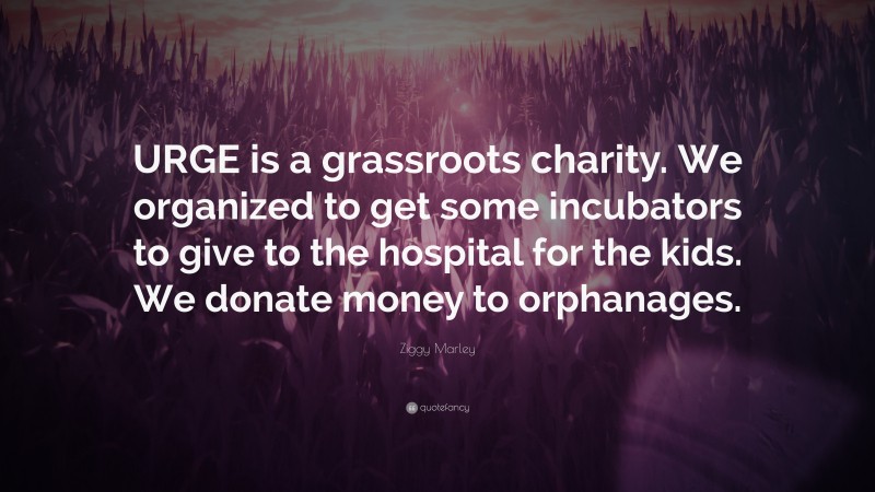 Ziggy Marley Quote: “URGE is a grassroots charity. We organized to get some incubators to give to the hospital for the kids. We donate money to orphanages.”