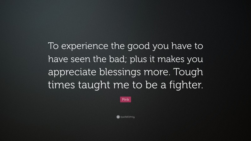 Pink Quote: “To experience the good you have to have seen the bad; plus it makes you appreciate blessings more. Tough times taught me to be a fighter.”