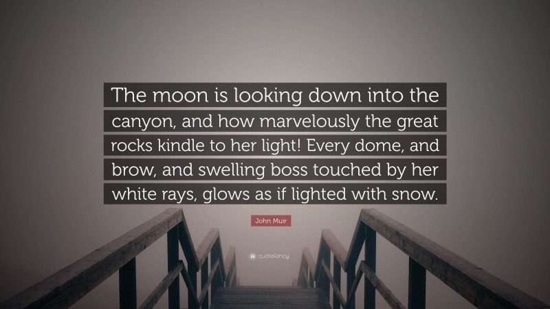 John Muir Quote: “The moon is looking down into the canyon, and how marvelously the great rocks kindle to her light! Every dome, and brow, and swelling boss touched by her white rays, glows as if lighted with snow.”
