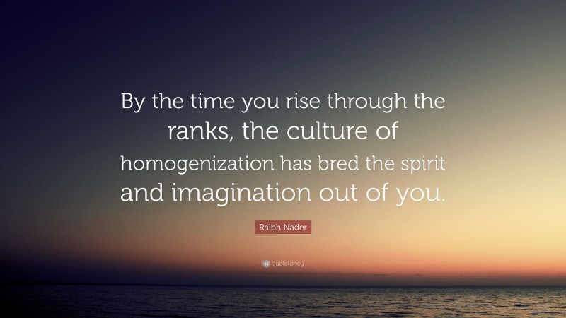 Ralph Nader Quote: “By the time you rise through the ranks, the culture of homogenization has bred the spirit and imagination out of you.”