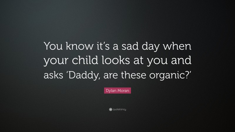 Dylan Moran Quote: “You know it’s a sad day when your child looks at you and asks ‘Daddy, are these organic?’”