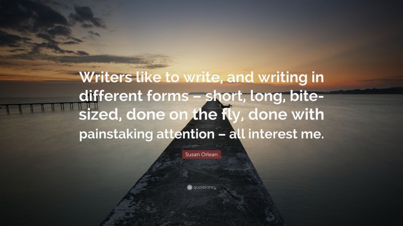 Susan Orlean Quote: “Writers like to write, and writing in different forms – short, long, bite-sized, done on the fly, done with painstaking attention – all interest me.”