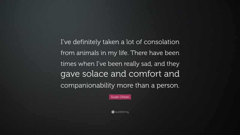 Susan Orlean Quote: “I’ve definitely taken a lot of consolation from animals in my life. There have been times when I’ve been really sad, and they gave solace and comfort and companionability more than a person.”