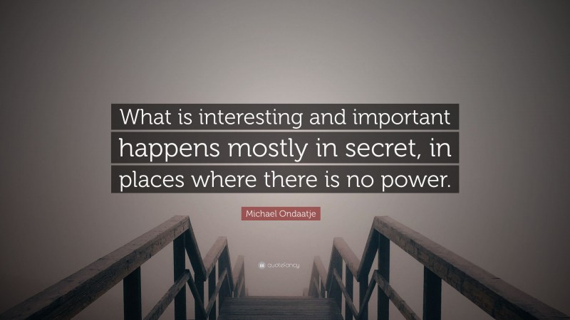 Michael Ondaatje Quote: “What is interesting and important happens mostly in secret, in places where there is no power.”