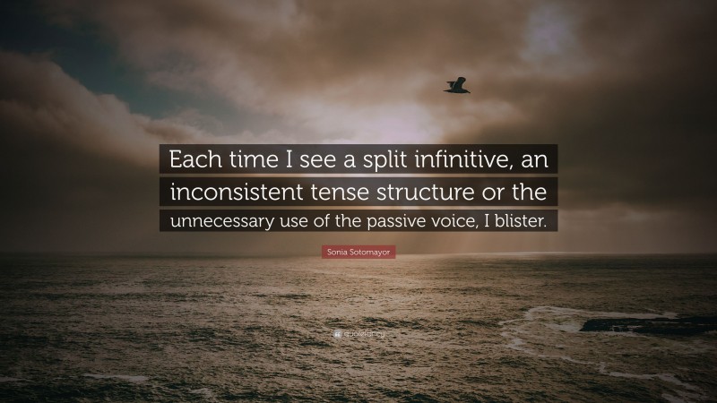 Sonia Sotomayor Quote: “Each time I see a split infinitive, an inconsistent tense structure or the unnecessary use of the passive voice, I blister.”