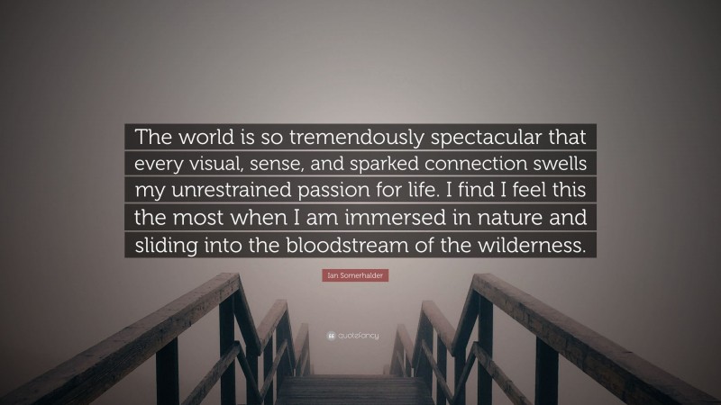 Ian Somerhalder Quote: “The world is so tremendously spectacular that every visual, sense, and sparked connection swells my unrestrained passion for life. I find I feel this the most when I am immersed in nature and sliding into the bloodstream of the wilderness.”