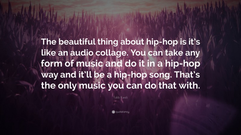Talib Kweli Quote: “The beautiful thing about hip-hop is it’s like an audio collage. You can take any form of music and do it in a hip-hop way and it’ll be a hip-hop song. That’s the only music you can do that with.”