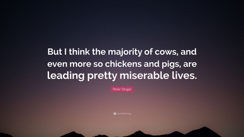 Peter Singer Quote: “But I think the majority of cows, and even more so chickens and pigs, are leading pretty miserable lives.”