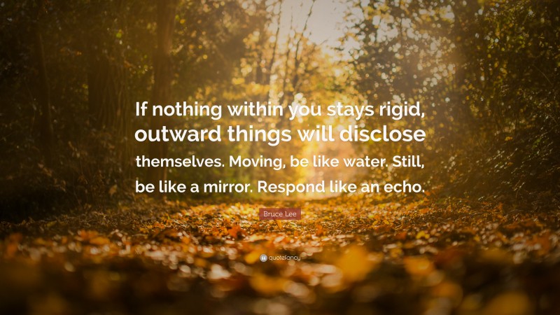 Bruce Lee Quote: “If nothing within you stays rigid, outward things will disclose themselves. Moving, be like water. Still, be like a mirror. Respond like an echo.”
