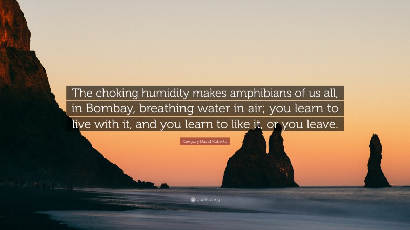 Gregory David Roberts Quote: “The choking humidity makes amphibians of us all, in Bombay, breathing water in air; you learn to live with it, and you learn to like it, or you leave.”