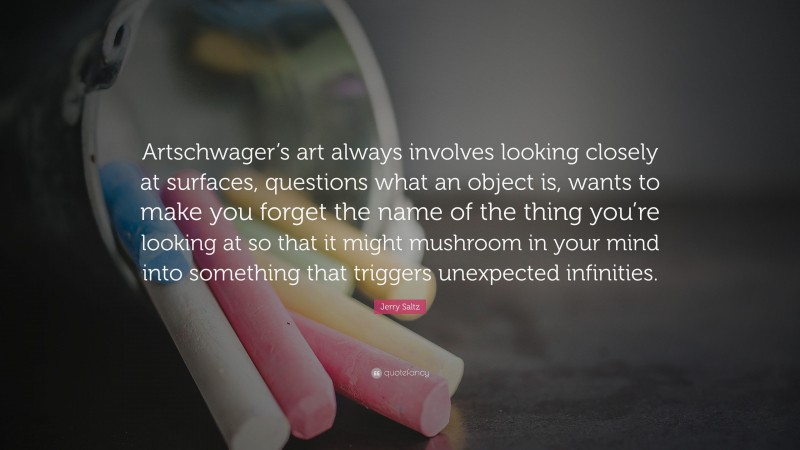 Jerry Saltz Quote: “Artschwager’s art always involves looking closely at surfaces, questions what an object is, wants to make you forget the name of the thing you’re looking at so that it might mushroom in your mind into something that triggers unexpected infinities.”