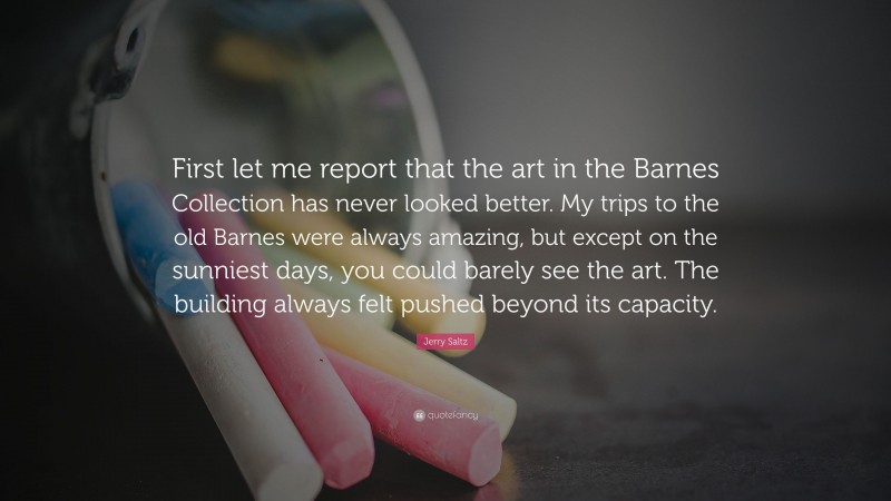 Jerry Saltz Quote: “First let me report that the art in the Barnes Collection has never looked better. My trips to the old Barnes were always amazing, but except on the sunniest days, you could barely see the art. The building always felt pushed beyond its capacity.”