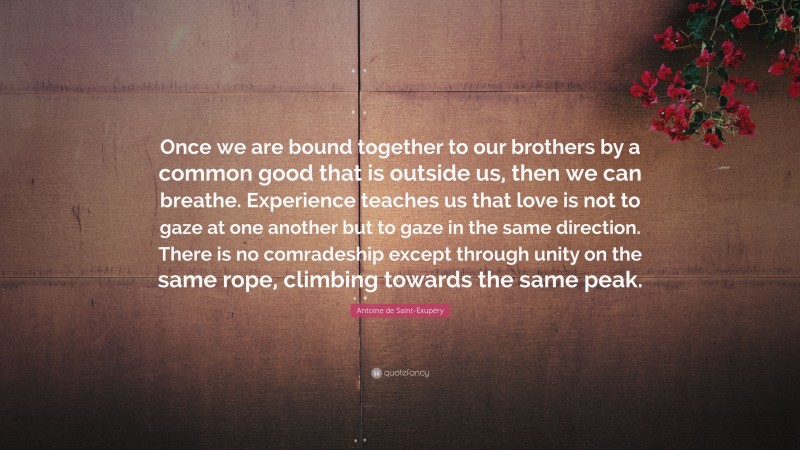 Antoine de Saint-Exupéry Quote: “Once we are bound together to our brothers by a common good that is outside us, then we can breathe. Experience teaches us that love is not to gaze at one another but to gaze in the same direction. There is no comradeship except through unity on the same rope, climbing towards the same peak.”