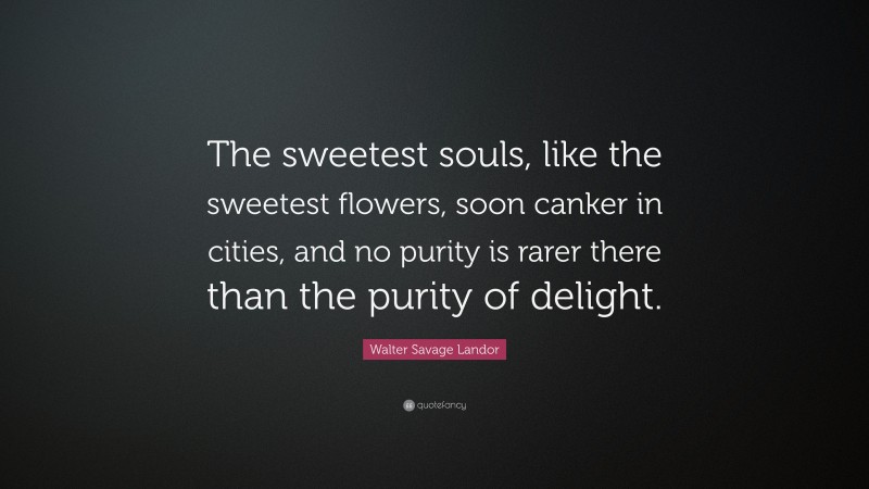 Walter Savage Landor Quote: “The sweetest souls, like the sweetest flowers, soon canker in cities, and no purity is rarer there than the purity of delight.”