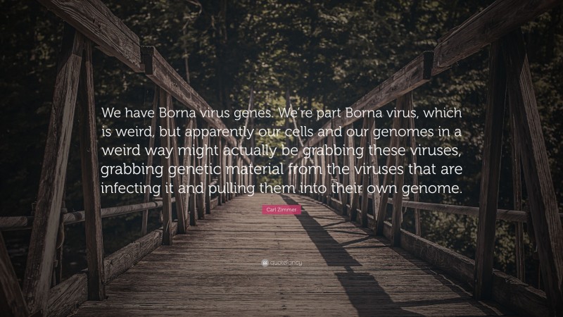 Carl Zimmer Quote: “We have Borna virus genes. We’re part Borna virus, which is weird, but apparently our cells and our genomes in a weird way might actually be grabbing these viruses, grabbing genetic material from the viruses that are infecting it and pulling them into their own genome.”