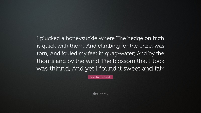 Dante Gabriel Rossetti Quote: “I plucked a honeysuckle where The hedge on high is quick with thorn, And climbing for the prize, was torn, And fouled my feet in quag-water; And by the thorns and by the wind The blossom that I took was thinn’d, And yet I found it sweet and fair.”