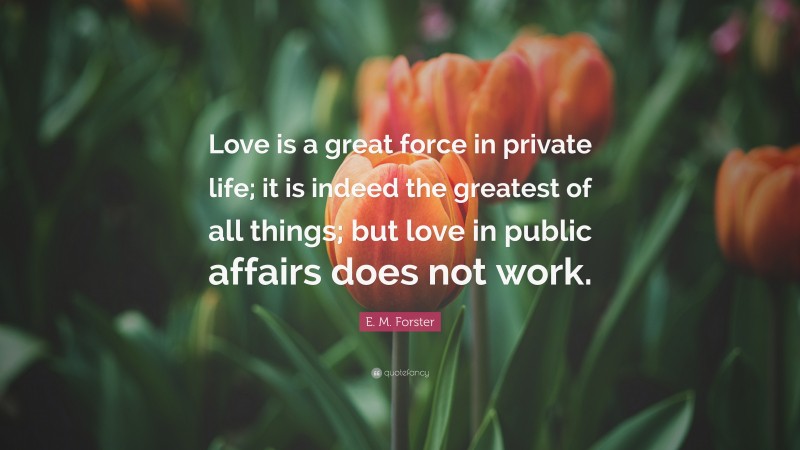 E. M. Forster Quote: “Love is a great force in private life; it is indeed the greatest of all things; but love in public affairs does not work.”