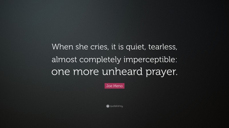 Joe Meno Quote: “When she cries, it is quiet, tearless, almost completely imperceptible: one more unheard prayer.”