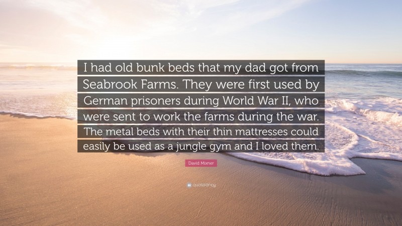 David Mixner Quote: “I had old bunk beds that my dad got from Seabrook Farms. They were first used by German prisoners during World War II, who were sent to work the farms during the war. The metal beds with their thin mattresses could easily be used as a jungle gym and I loved them.”