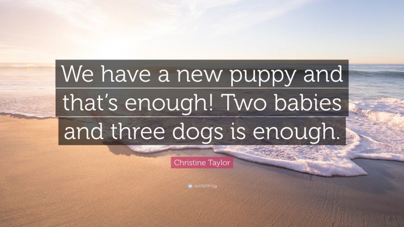 Christine Taylor Quote: “We have a new puppy and that’s enough! Two babies and three dogs is enough.”