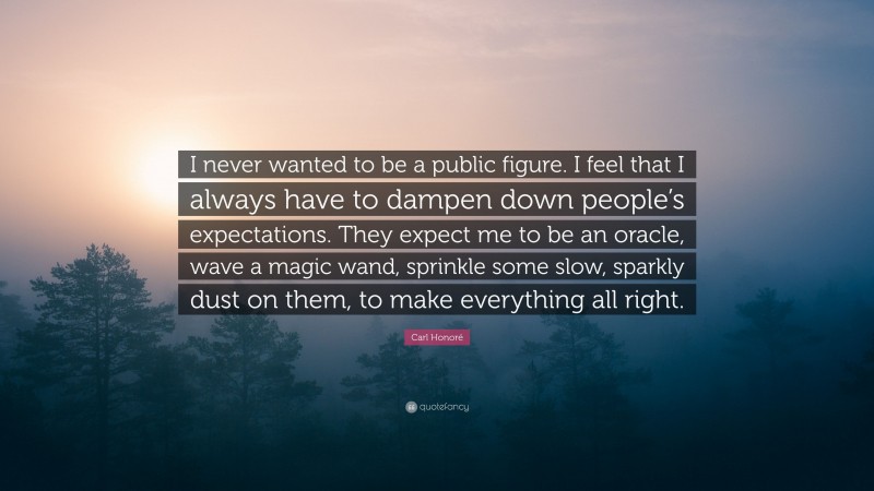 Carl Honoré Quote: “I never wanted to be a public figure. I feel that I always have to dampen down people’s expectations. They expect me to be an oracle, wave a magic wand, sprinkle some slow, sparkly dust on them, to make everything all right.”