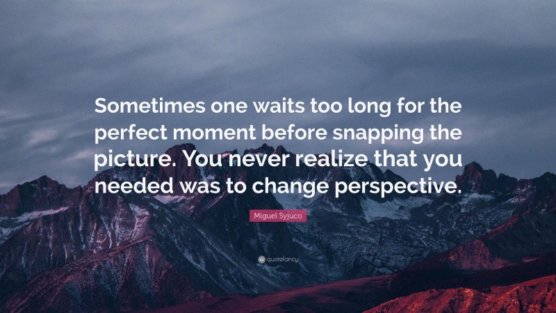 Miguel Syjuco Quote: “Sometimes one waits too long for the perfect moment before snapping the picture. You never realize that you needed was to change perspective.”