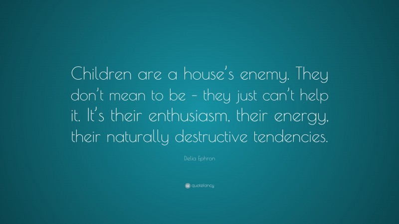 Delia Ephron Quote: “Children are a house’s enemy. They don’t mean to be – they just can’t help it. It’s their enthusiasm, their energy, their naturally destructive tendencies.”