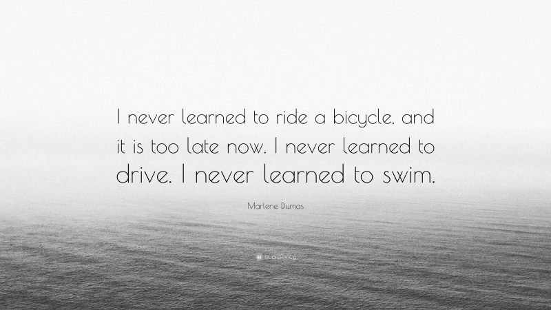 Marlene Dumas Quote: “I never learned to ride a bicycle, and it is too late now. I never learned to drive. I never learned to swim.”