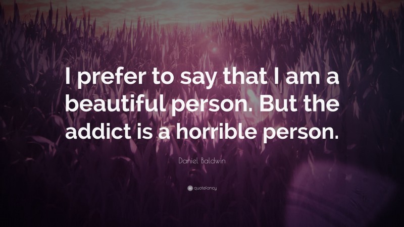 Daniel Baldwin Quote: “I prefer to say that I am a beautiful person. But the addict is a horrible person.”