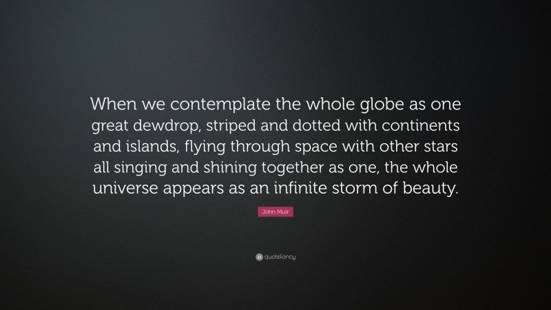 John Muir Quote: “When we contemplate the whole globe as one great dewdrop, striped and dotted with continents and islands, flying through space with other stars all singing and shining together as one, the whole universe appears as an infinite storm of beauty.”