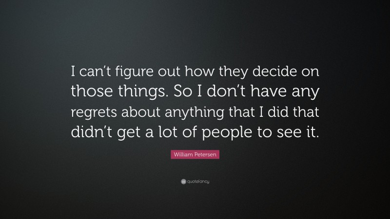 William Petersen Quote: “I can’t figure out how they decide on those things. So I don’t have any regrets about anything that I did that didn’t get a lot of people to see it.”