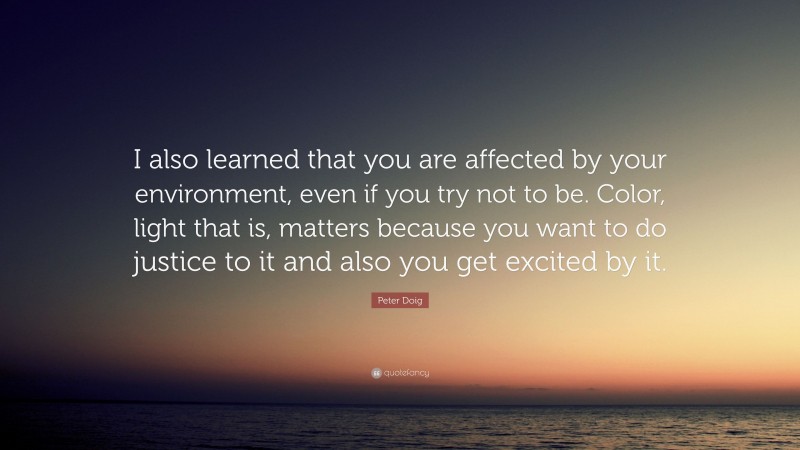 Peter Doig Quote: “I also learned that you are affected by your environment, even if you try not to be. Color, light that is, matters because you want to do justice to it and also you get excited by it.”