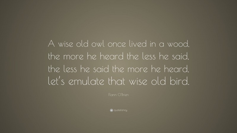 Flann O'Brien Quote: “A wise old owl once lived in a wood, the more he heard the less he said, the less he said the more he heard, let’s emulate that wise old bird.”