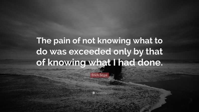 Erich Segal Quote: “The pain of not knowing what to do was exceeded only by that of knowing what I had done.”
