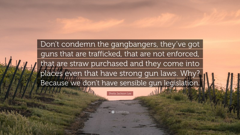 Sheila Jackson Lee Quote: “Don’t condemn the gangbangers, they’ve got guns that are trafficked, that are not enforced, that are straw purchased and they come into places even that have strong gun laws. Why? Because we don’t have sensible gun legislation.”