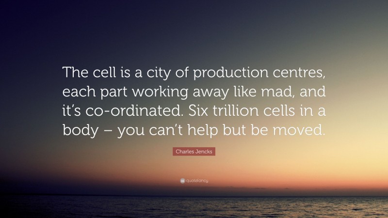Charles Jencks Quote: “The cell is a city of production centres, each part working away like mad, and it’s co-ordinated. Six trillion cells in a body – you can’t help but be moved.”