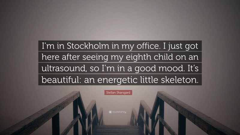 Stellan Skarsgard Quote: “I’m in Stockholm in my office. I just got here after seeing my eighth child on an ultrasound, so I’m in a good mood. It’s beautiful: an energetic little skeleton.”